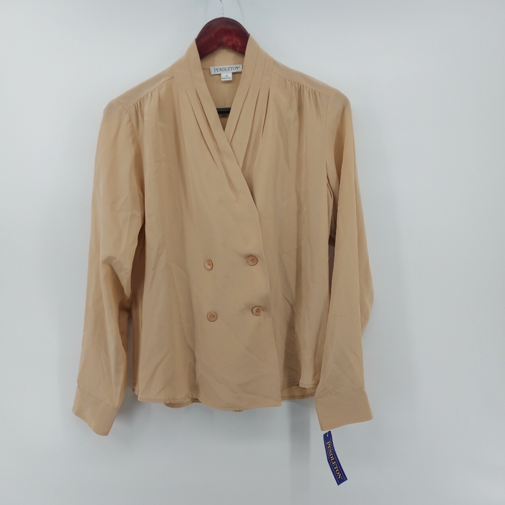 Pendleton Silk Tan Blouse Size 10 Neutal Classic